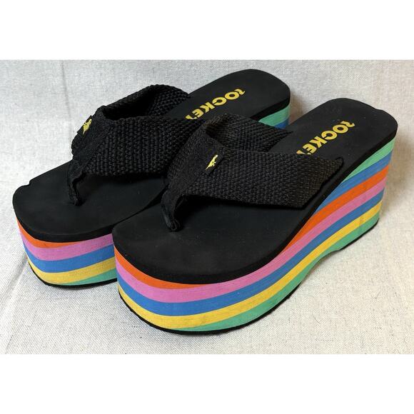 Rocket Dog Platform Flip Flops Rainbow Wedge Black Women's Size 7 - Picture 3 of 5